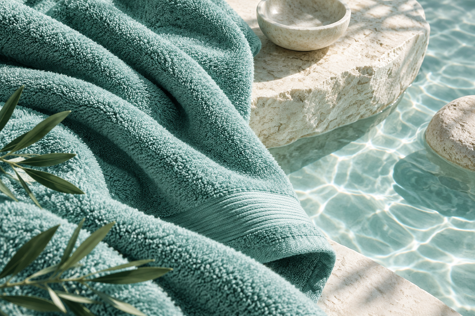 soft seafoam terry texture folds beside pale stone and watery light reflections, spa editorial abstract, no product claims